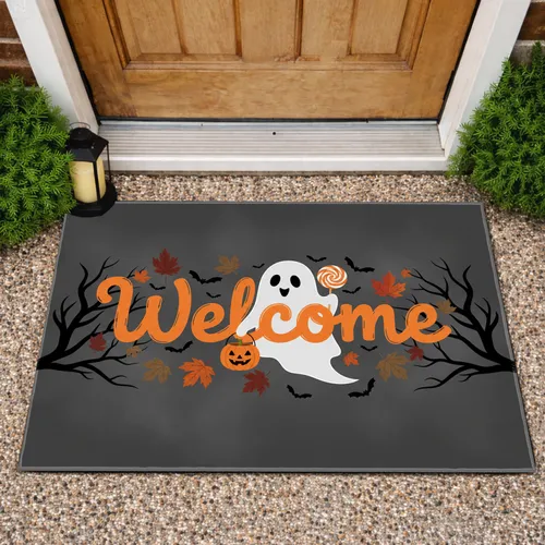 Welcome Friendly Ghost Pumpkin Lollipop Autumn Leaves Bats - Halloween Party Decor Doormat