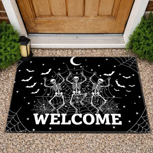 Dancing Skeletons Welcome Black Halloween Decor Spiderweb Moon Stars Doormat