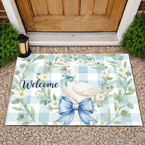 White Goose Welcome Wreath Buffalo Plaid - Farmhouse Home Decor Gift Doormat