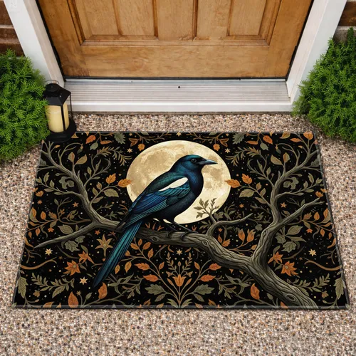 Magpie Gnarled Branch Full Moon Nocturnal Floral Winding Branches Night Sky - Home Decor Gift Doormat