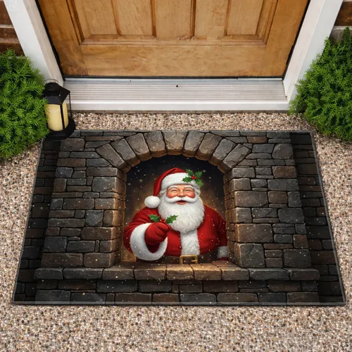 Joyful Santa Claus Peeking from Detailed Stone Chimney with Holly - Festive Christmas Decor Doormat