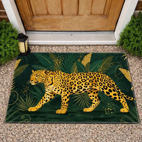 Golden Leopard Tropical Leaves - Sophisticated Home Decor for Animal Lover Doormat