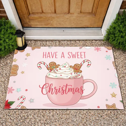 Sweet Christmas Gingerbread Mug Poinsettia - Christmas Holiday Gift Doormat