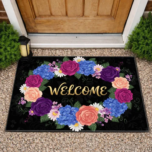 WELCOME Floral Roses Hydrangeas Daisies Vines - Everyday Home Decor Gift Doormat
