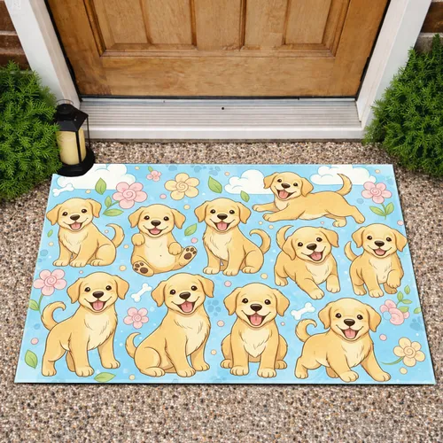 Golden Retriever Puppies Smiling Flowers Dog Bones - Home Decor Gift for Dog Lovers Doormat