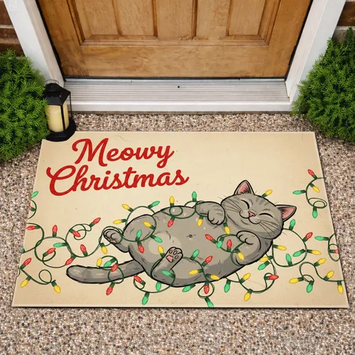 Gray Cat Christmas Lights Meowy Christmas - Holiday Home Decor for Cat Lover Doormat