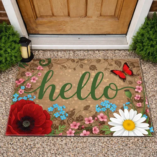 Hello Script Poppy Daisy Butterfly - Home Decor Gift for Garden Lover Doormat