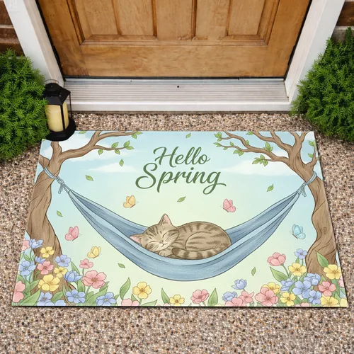 Hello Spring Tabby Cat Flowers Butterflies - Home Decor Gift for Cat Lover Doormat