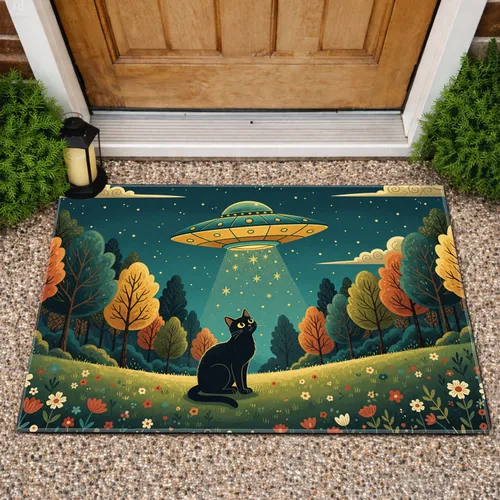 Black Cat UFO Night Sky Stars Forest - Home Decor Gift for Cat Lovers Doormat