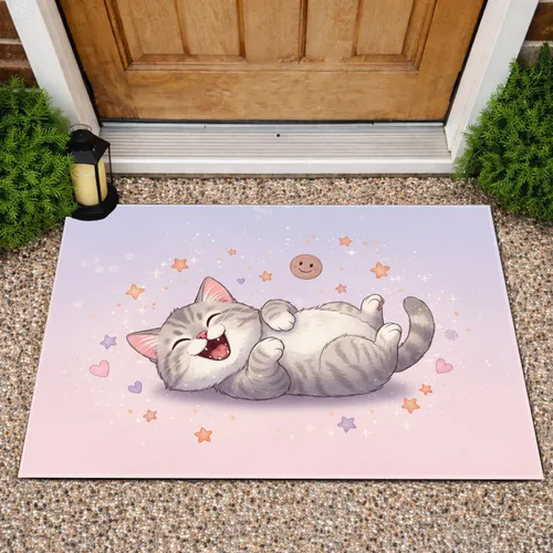 Fluffy Tabby Cat Laughing Stars Pink Hearts Smiling Face - Home Decor Gift for Cat Lover Doormat