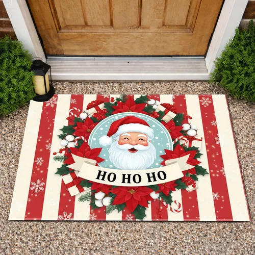 Santa Claus Christmas Wreath Poinsettia Holly Berries Snowflakes HO HO HO - Christmas Decor Gift Doormat
