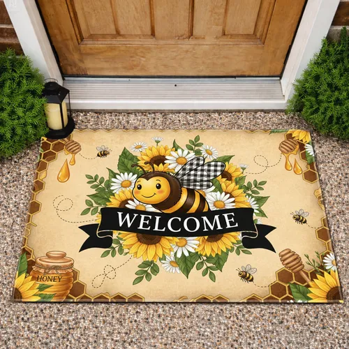 Gingham Bee Sunflower Daisy Honeycomb WELCOME - Rustic Farmhouse Home Decor Gift Doormat