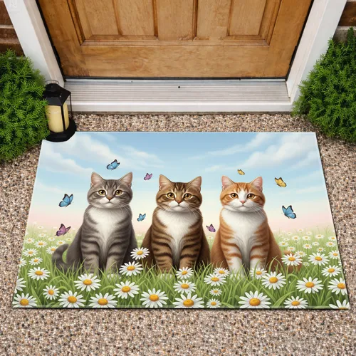 Three Cats Daisy Meadow Butterflies - Home Decor Gift for Cat Lovers Doormat