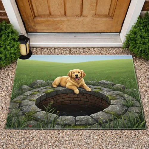 Golden Retriever Puppy Rustic Well - Dog Lover Home Decor Gift Doormat