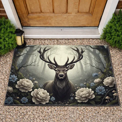 Majestic Stag Antlers Peonies Woodland Clearing - Home Decor Gift for Nature Lover Doormat