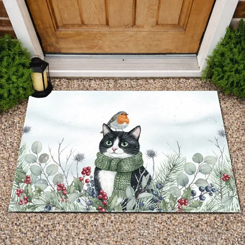 Green Eyed Cat Robin Frosted Pine Berries - Winter Home Decor Gift Doormat
