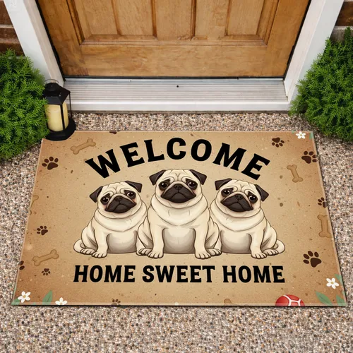 Three Pugs Welcome Home Sweet Home - Farmhouse Home Decor Gift for Dog Lover Doormat