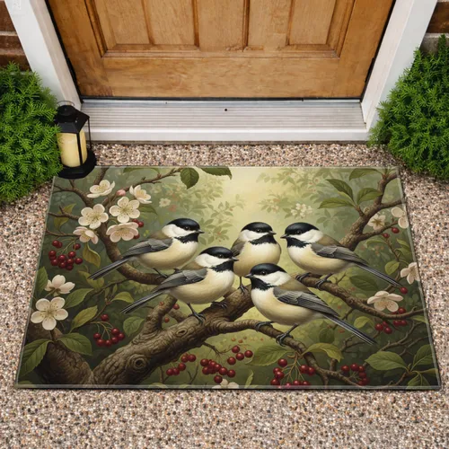Chickadee Birds Red Berry Blossom Natural Forest Branches - Wildlife Lover Home Decor Gift Doormat