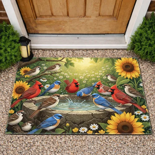 Songbirds Bird Bath Sunflowers Garden - Home Decor Gift for Garden Lover Doormat