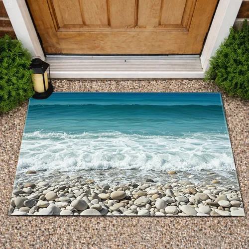 Turquoise Ocean Waves Pebble Beach Shore with Foamy Surf - Home Decor Gift for Beach Lover Doormat