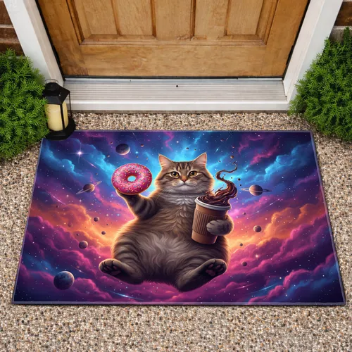 Tabby Cat Pink Donut Coffee Cup Cosmic Galaxy - Home Decor Gift Doormat