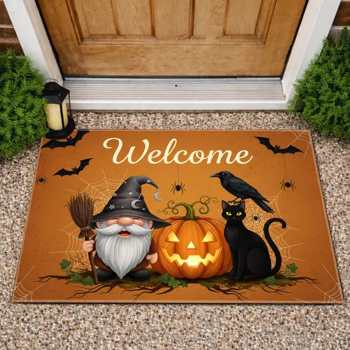 Gnome Jack-o'-lantern Black Cat Welcome - Halloween Home Decor Doormat