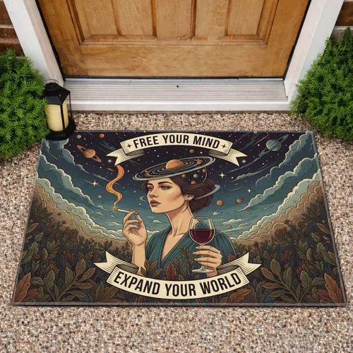 Female Cosmic Head Wine Cigarette Celestial Foliage - Modern Living Room Decor Gift Doormat