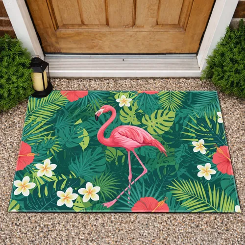Pink Flamingo Monstera Palm Hibiscus - Home Decor Gift for Tropical Lovers Doormat