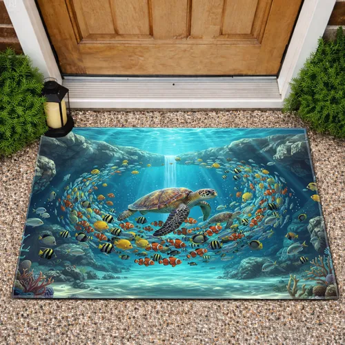 Majestic Sea Turtle Tropical Fish Grotto Waterfall - Wildlife Home Decor Gift Doormat
