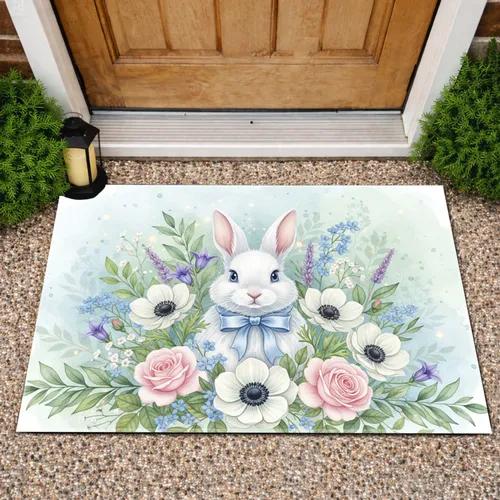 Fluffy White Bunny Spring Wildflowers - Home Decor Gift for Nature Lover Doormat