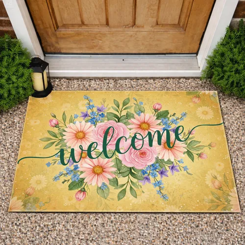 Welcome Script Daisy Rose Wildflower Foliage - Home Decor Gift for Garden Lovers Doormat