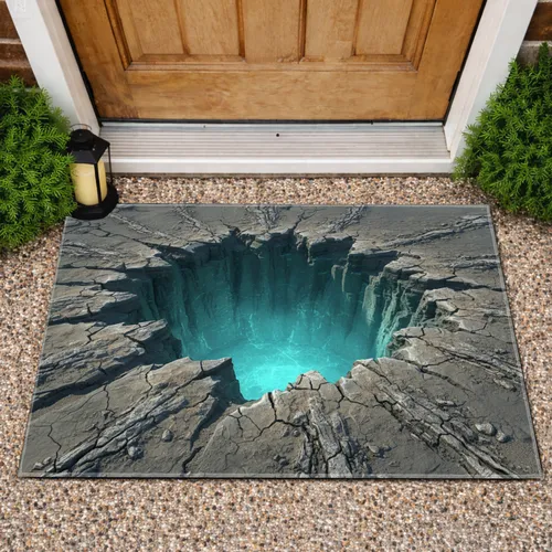 Fissured Stone Formations Fractured Earth Glowing Turquoise Water Pit - Home Decor Gift Doormat