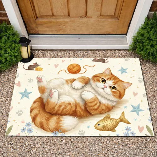 Ginger Persian Cat Mice Yarn Fish - Home Decor Gift for Cat Lover Doormat