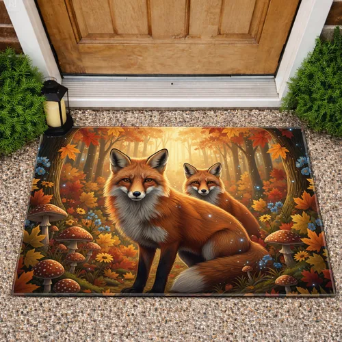 Red Foxes Autumn Forest Wildflowers Mushrooms - Wildlife Home Decor Gift for Fox Lover Doormat