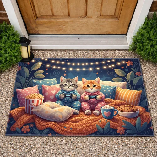 Grey Orange Tabby Kittens Playing Video Games Fairy Lights - Home Decor Gift Doormat