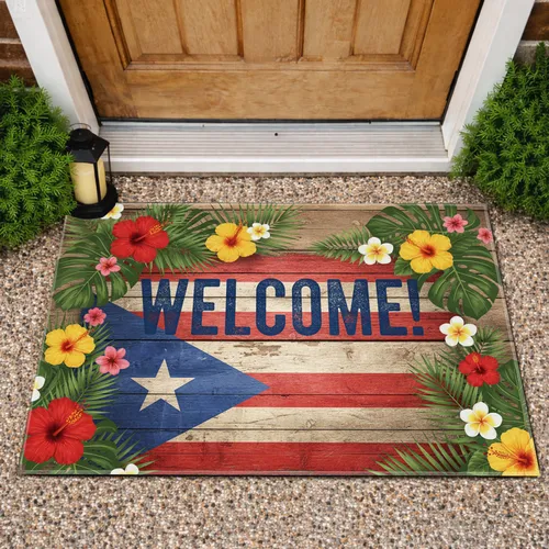 Puerto Rican Flag Welcome Tropical Foliage - Home Decor Gift Doormat