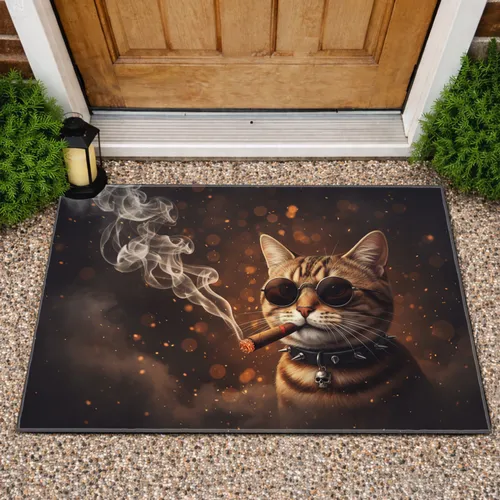 Tabby Cat Cigar Sunglasses Spiked Collar Skull Charm - Edgy Home Decor Gift for Cat Lovers Doormat