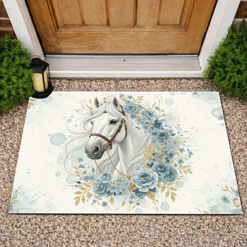 White Horse Blue Gold Floral Wreath - Home Decor Gift for Horse Lover Doormat