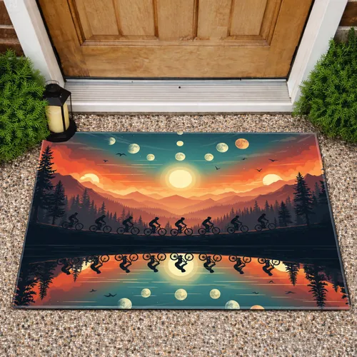 Fiery Sun Mountain Bikers Reflection Landscape - Home Decor Gift for Bikers Doormat