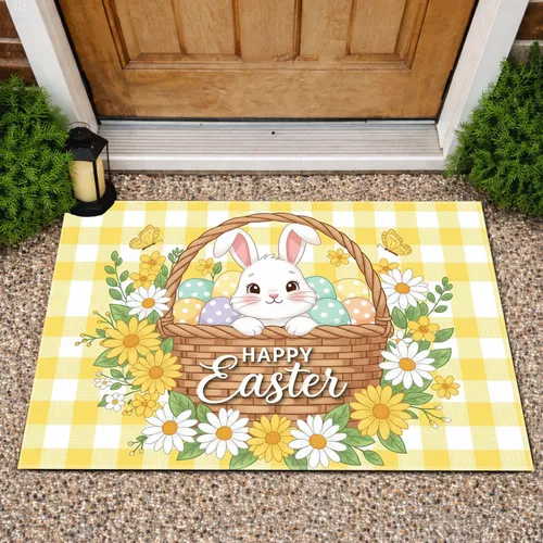 Easter Bunny Basket Eggs Daisies Plaid - Happy Easter Spring Decor Doormat