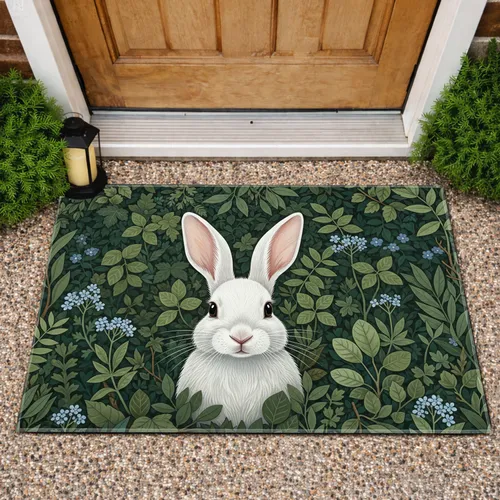 Curious White Rabbit Forest Undergrowth Wildflowers - Nature Lover Home Decor Gift Doormat