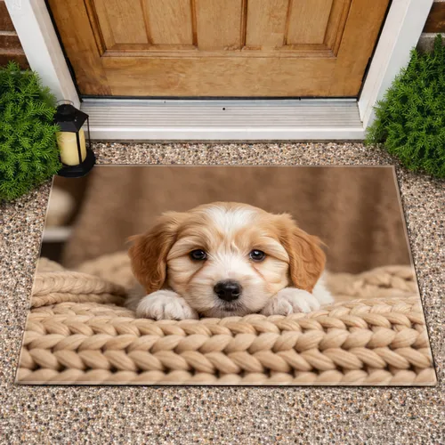 Fluffy Cream Puppy Plush Bed Warm Brown Ambience - Home Decor Gift for Dog Owners Doormat