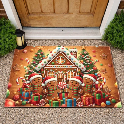 Gingerbread Characters House Christmas Tree Presents Candy Gumdrops - Festive Holiday Season Decor Doormat
