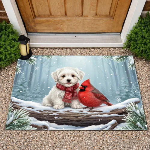 Maltese Puppy Cardinal Winter Forest - Christmas Home Decor Gift for Dog Lover Doormat