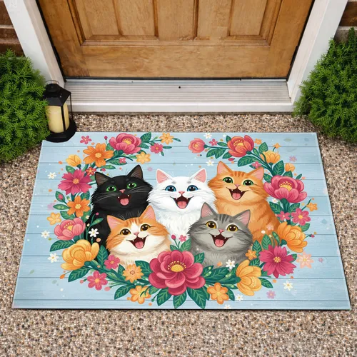 Five Laughing Cats Pink Flowers Rustic Wood Planks - Home Decor Gift for Cat Lover Doormat