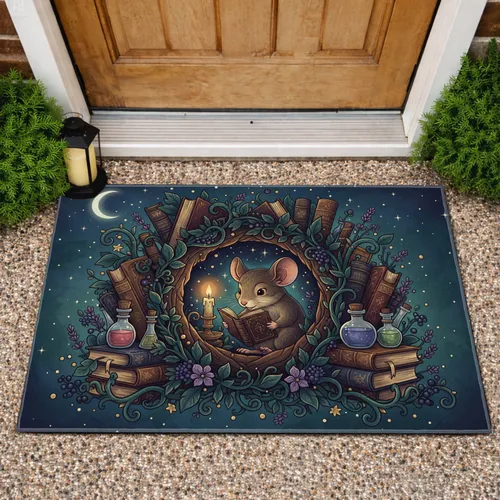 Mouse Reading Book Night Sky - Home Decor Gift for Book Lovers Doormat