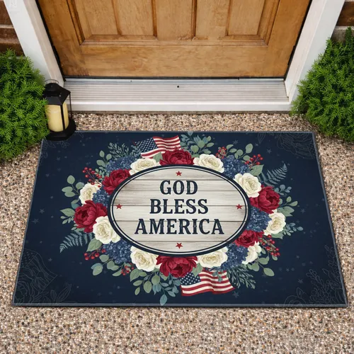 Rustic God Bless America Floral Flag - Independence Day Home Decor Doormat