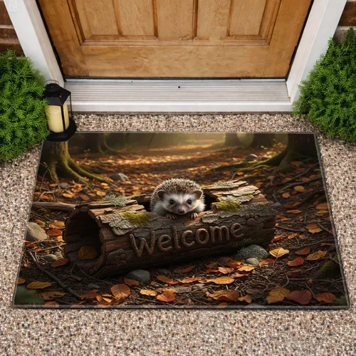 Baby Hedgehog Welcome Log Forest - Home Decor Gift for Hedgehog Lover Doormat