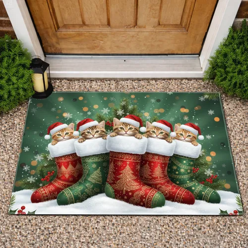 Five Kittens Christmas Stockings Snow Holly - Christmas Holiday Gift for Cat Lover Doormat