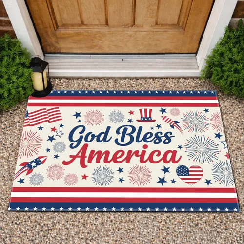 God Bless America Fireworks Uncle Sam Hat - Independence Day Gift for Veterans Doormat